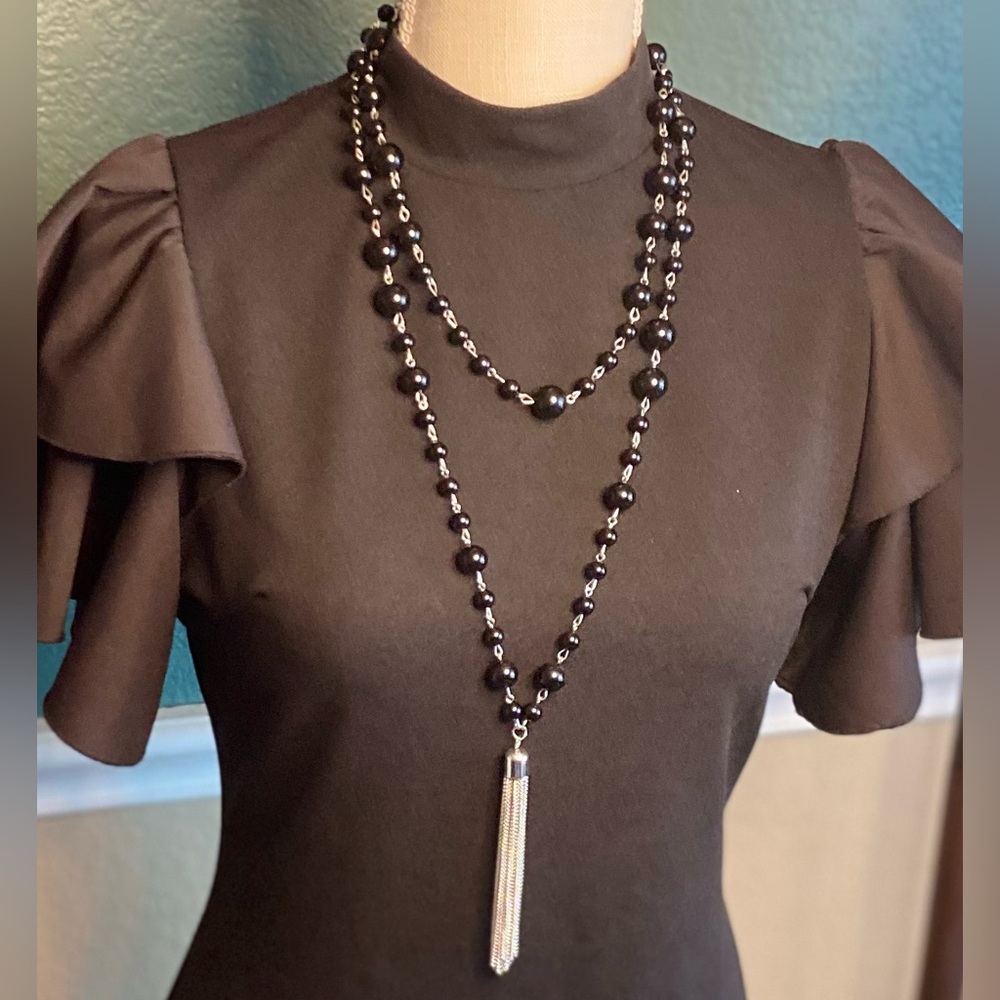Double Layer Black & Silver Beaded Tassel Boho Style Adjustable Necklace